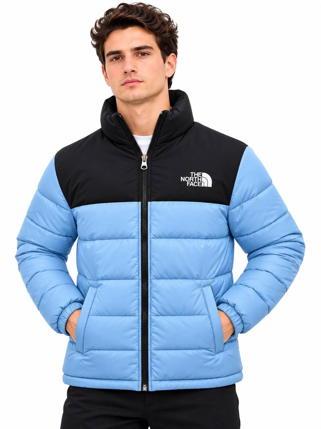 TNF Men's Color Block Puffer Jacket – Black & Sky Blue