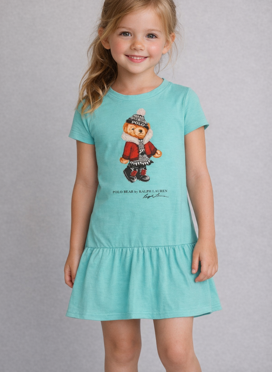 Girls Polo Bear Flared Top - Aqua