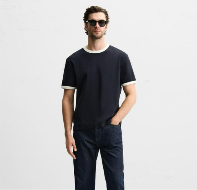 Zara Contrast Sleeves Cotton Tee - Black - Brand Store