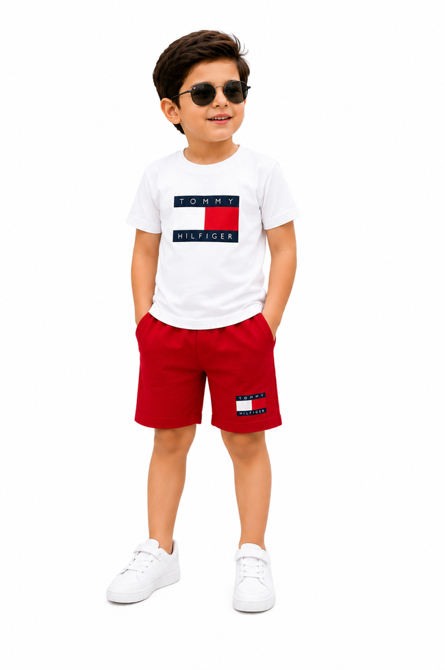 TH Kids 2 Piece Short Set for Boys – White/Red