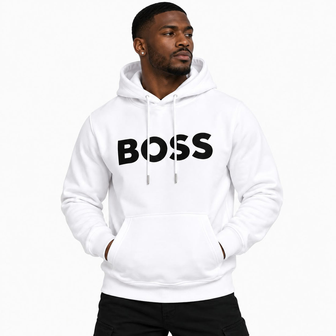 Black Boss Logo Pullover Hoodie in White, worn by a model