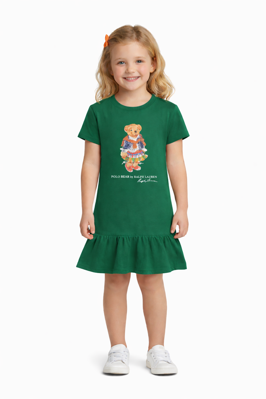 Girls Polo Bear Flared Top - Green