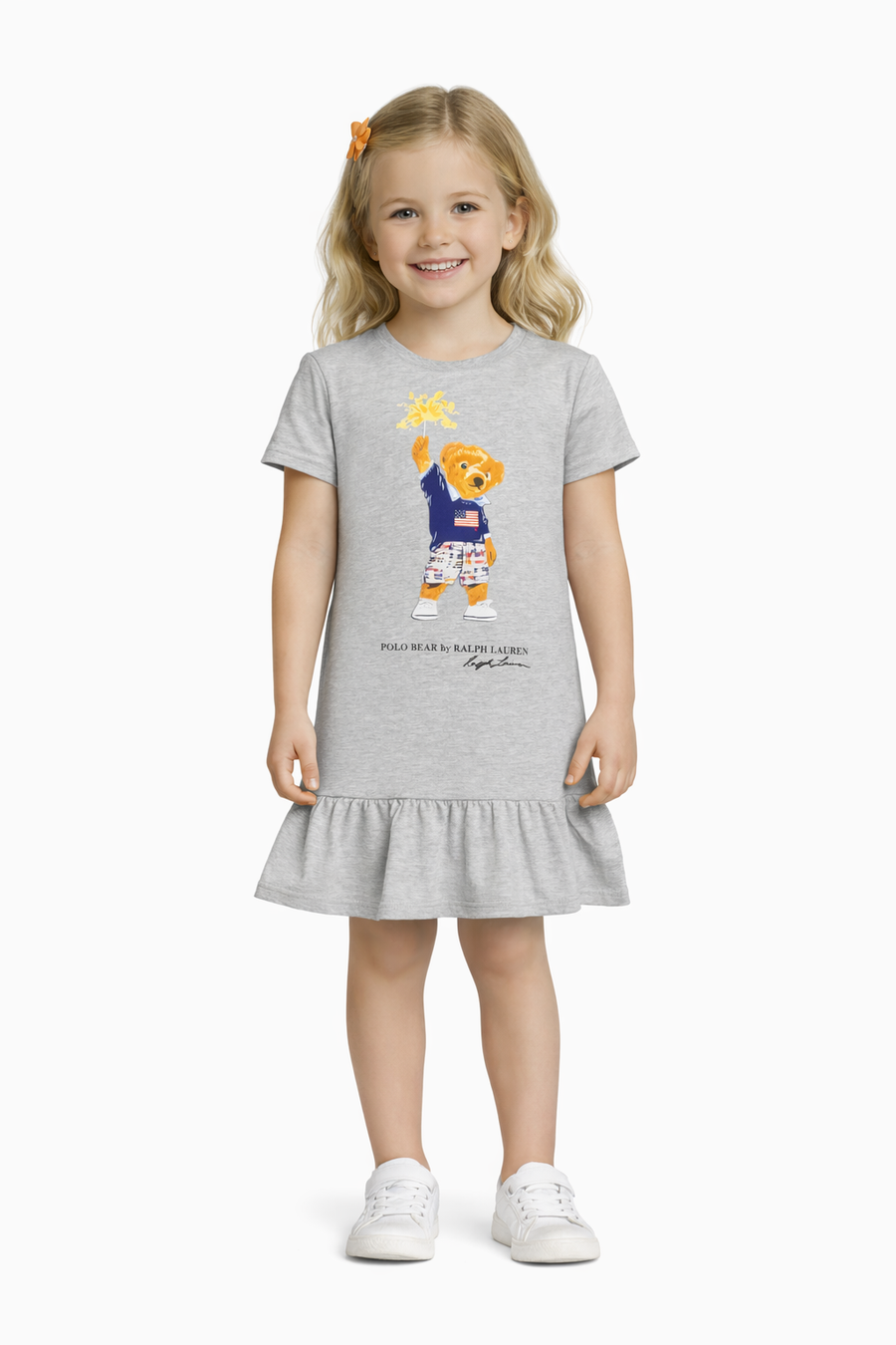 Girls Polo Bear Flared Top - Grey