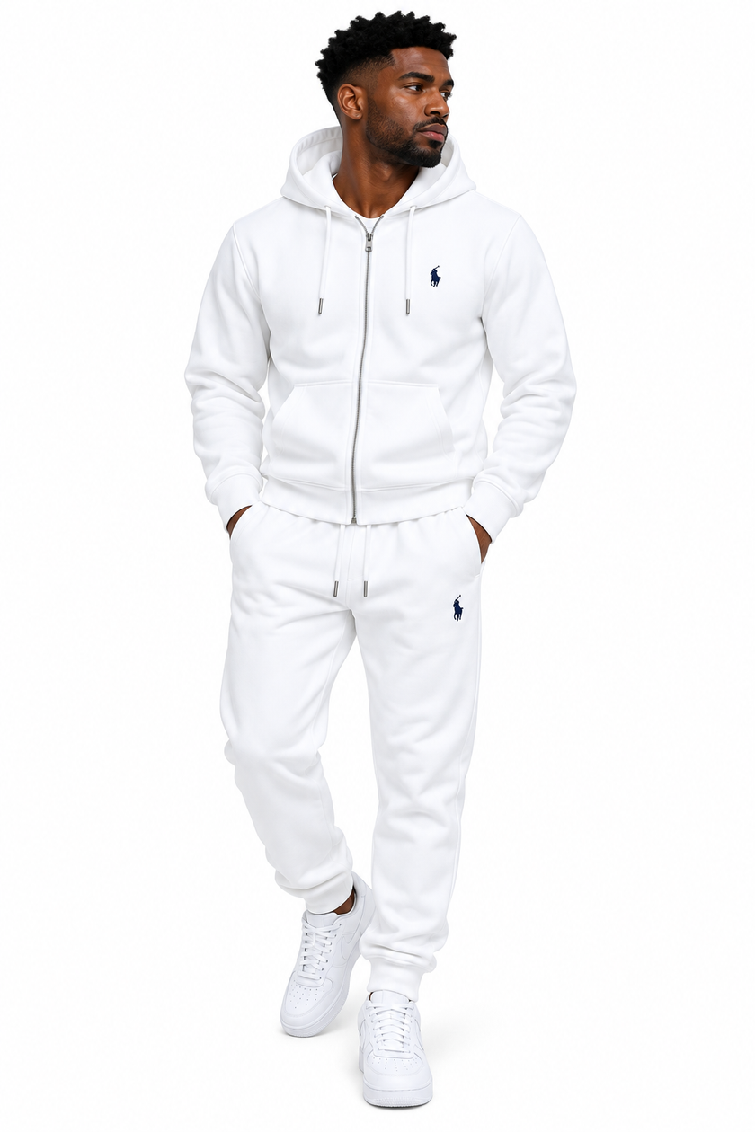 Polo Zipper Hood Tracksuit - White