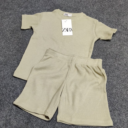 Zara Kids Waffle Knit Shorts-Tee Set - Pistachio Green