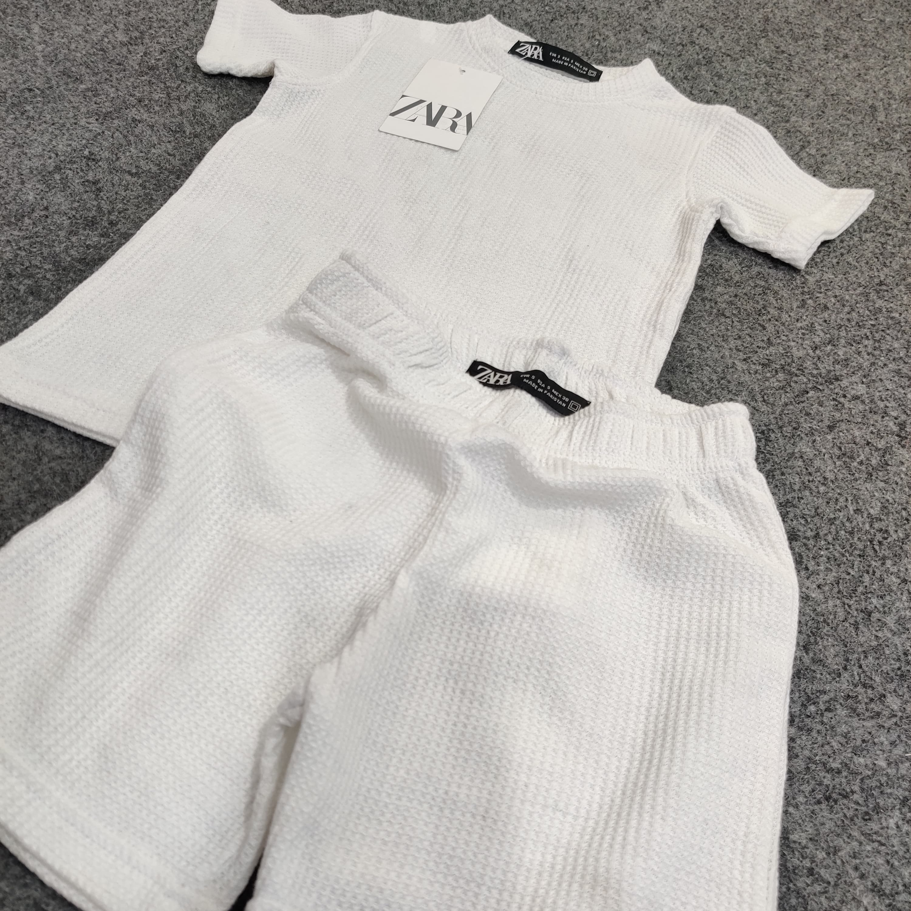 Zara Kids Waffle Knit Shorts-Tee Set - White - Brand Store