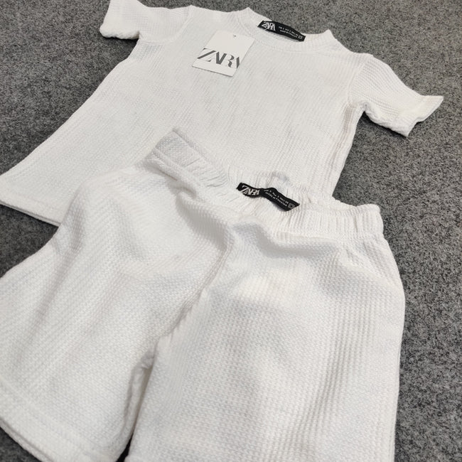 Zara Kids Waffle Knit Shorts-Tee Set - White - Brand Store