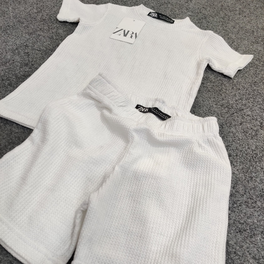 Zara Kids Waffle Knit Shorts-Tee Set - White - Brand Store