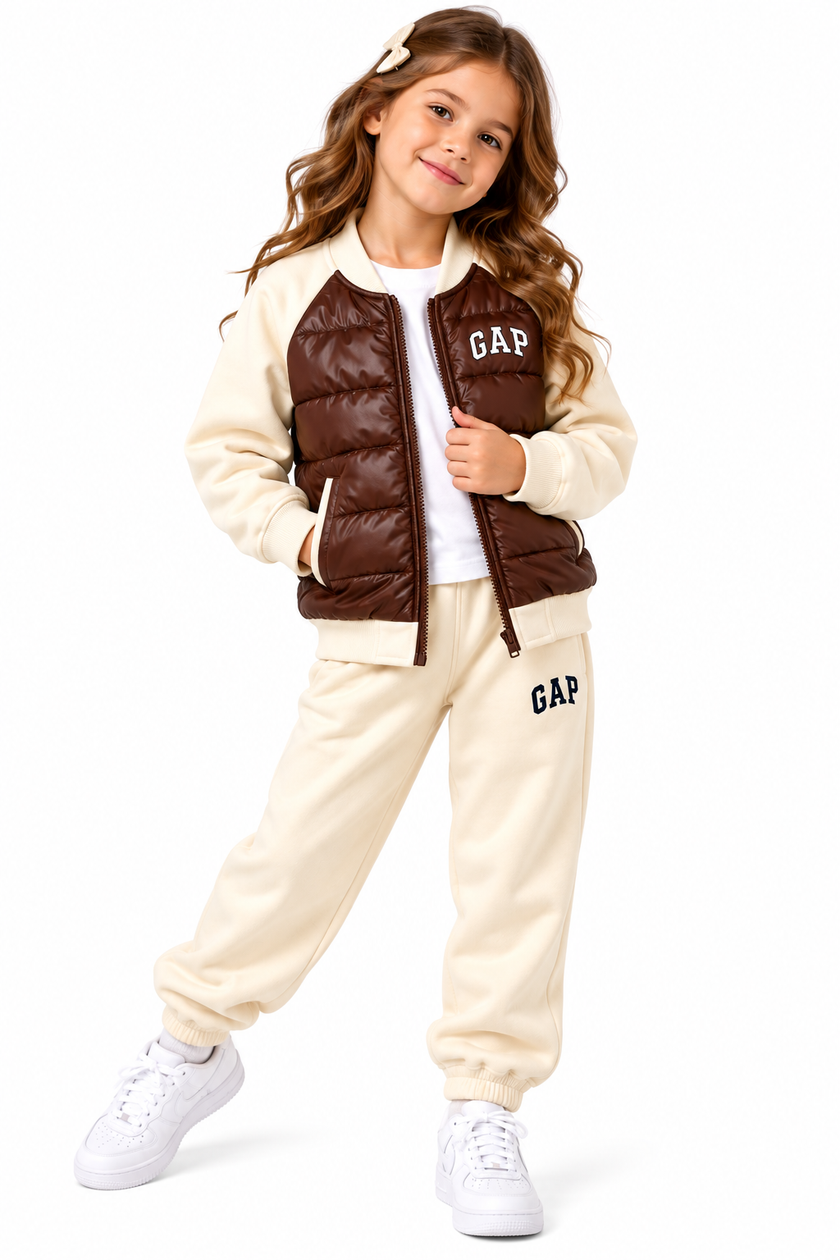 GAP Kids Hybrid Puffer Tracksuit Set – Brown/Biege
