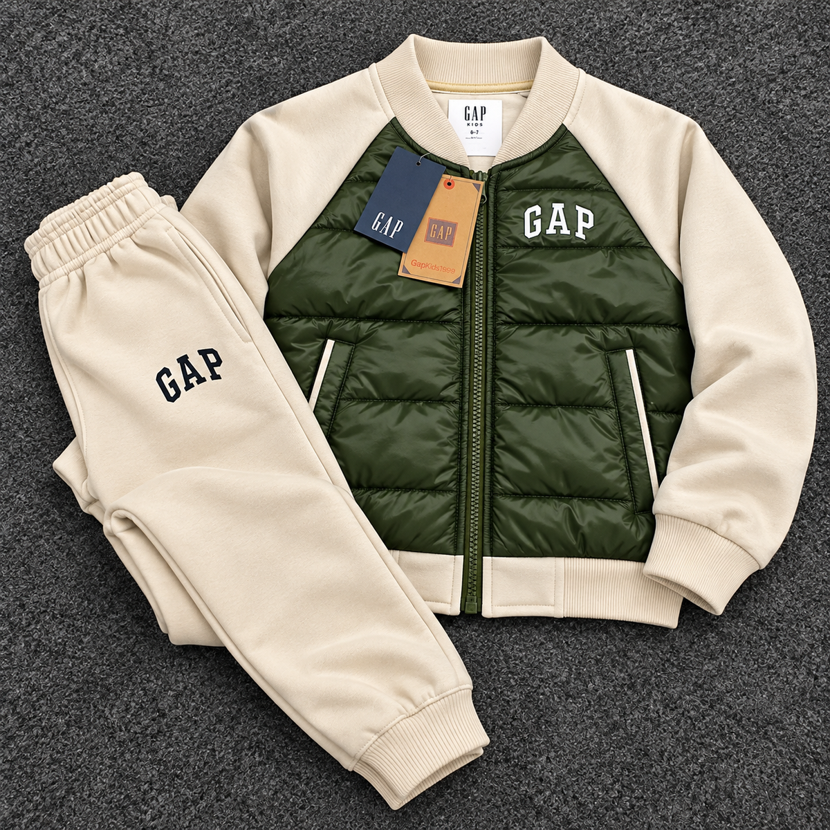 GAP Kids Hybrid Puffer Tracksuit Set – Olive & Cream
