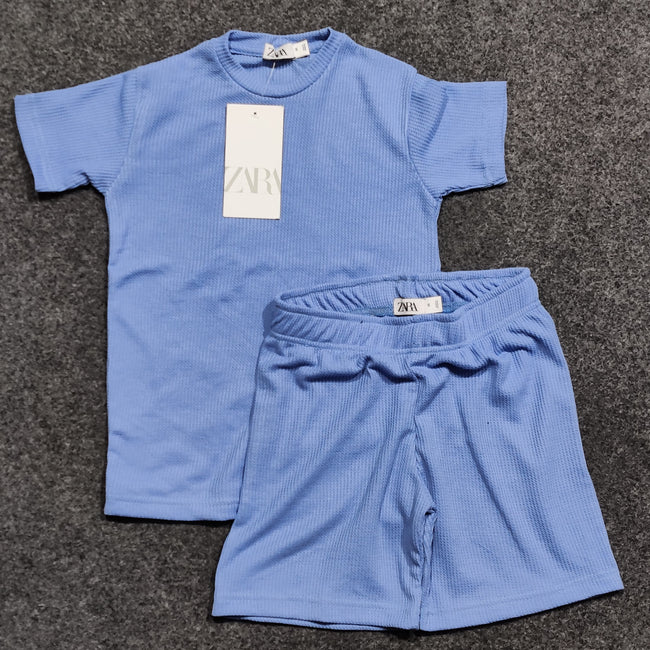 Zara Kids Waffle Knit Shorts-Tee Set - Sky Blue - Brand Store