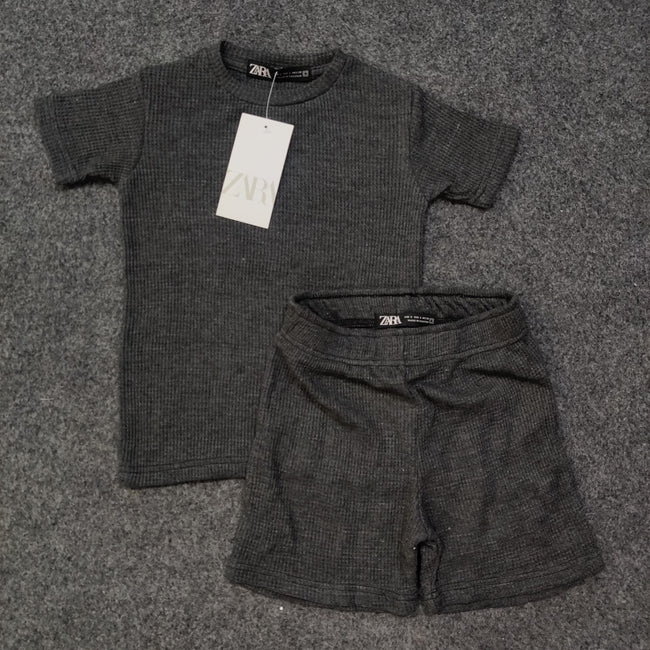 Zara Kids Waffle Knit Shorts-Tee Set - Gray - Brand Store
