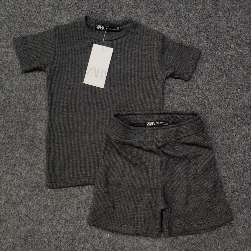 Zara Kids Waffle Knit Shorts-Tee Set - Gray - Brand Store