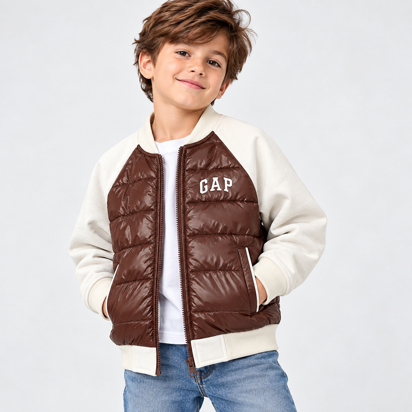GAP Kids Hybrid Puffer Bomber Jacket - Brown/Cream