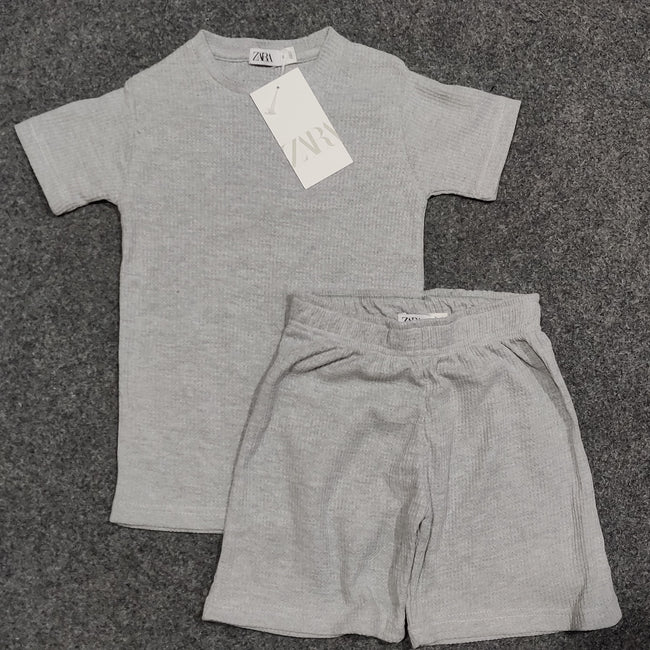 Zara Kids Waffle Knit Shorts-Tee Set - Heather Gray - Brand Store