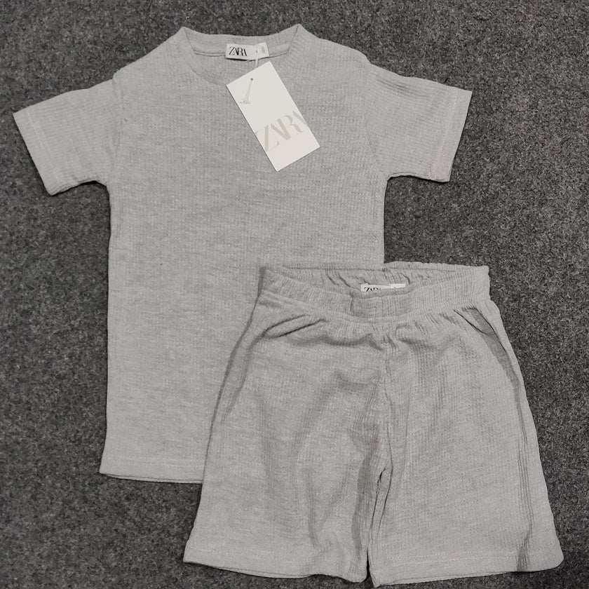 Zara Kids Waffle Knit Shorts-Tee Set - Heather Gray - Brand Store