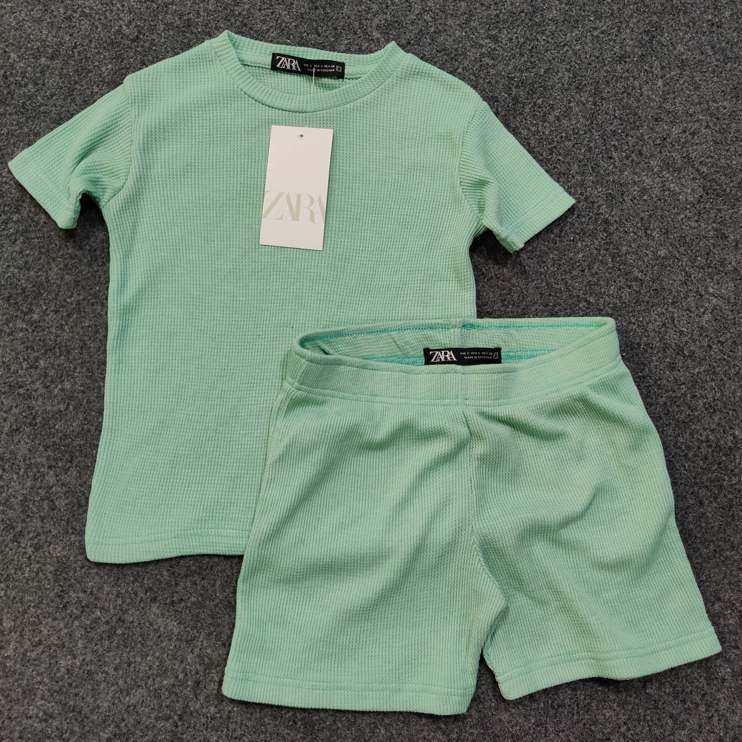 Zara Kids Waffle Knit Shorts-Tee Set - Cyan - Brand Store