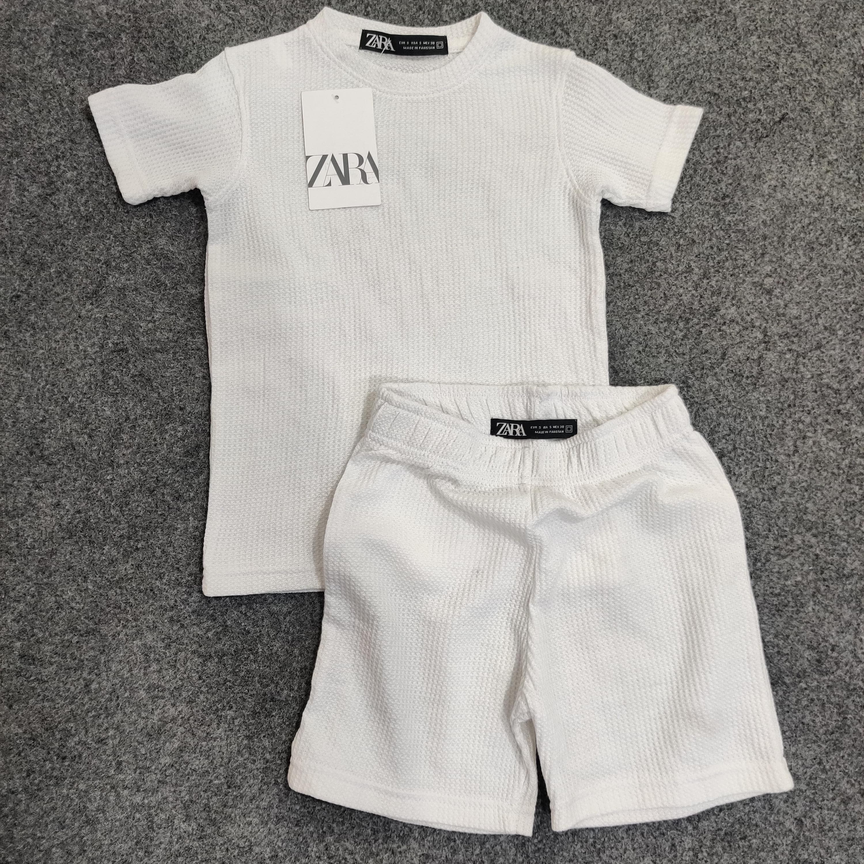 Zara Kids Waffle Knit Shorts-Tee Set - White - Brand Store