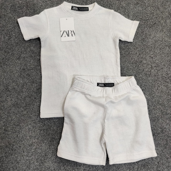 Zara Kids Waffle Knit Shorts-Tee Set - White - Brand Store