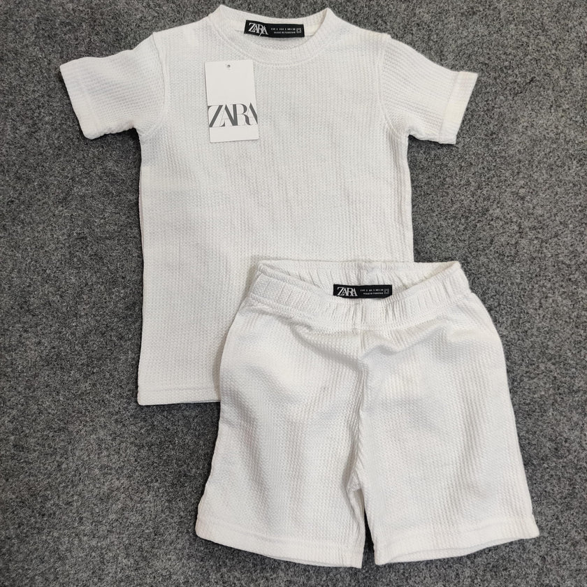 Zara Kids Waffle Knit Shorts-Tee Set - White - Brand Store