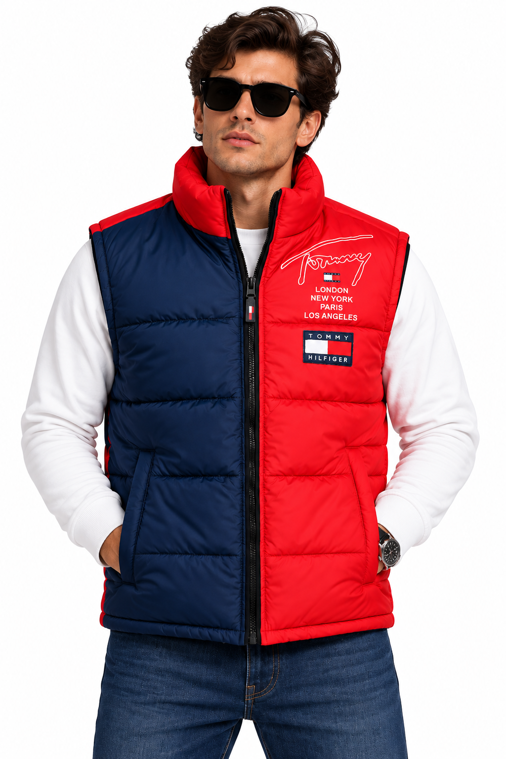 TH Color Block Puffer Vest – Red & Navy