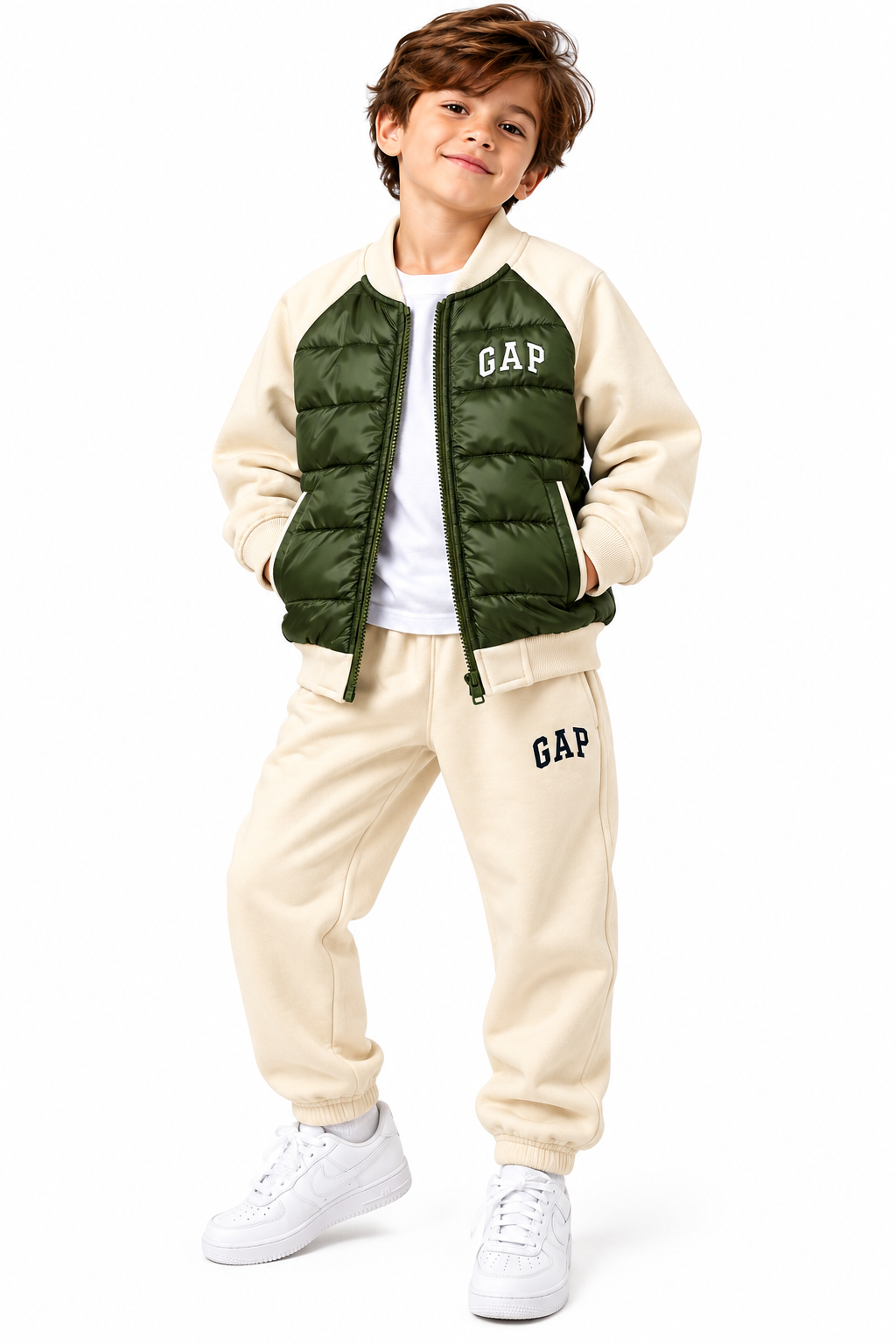GAP Kids Hybrid Puffer Tracksuit Set – Olive & Cream