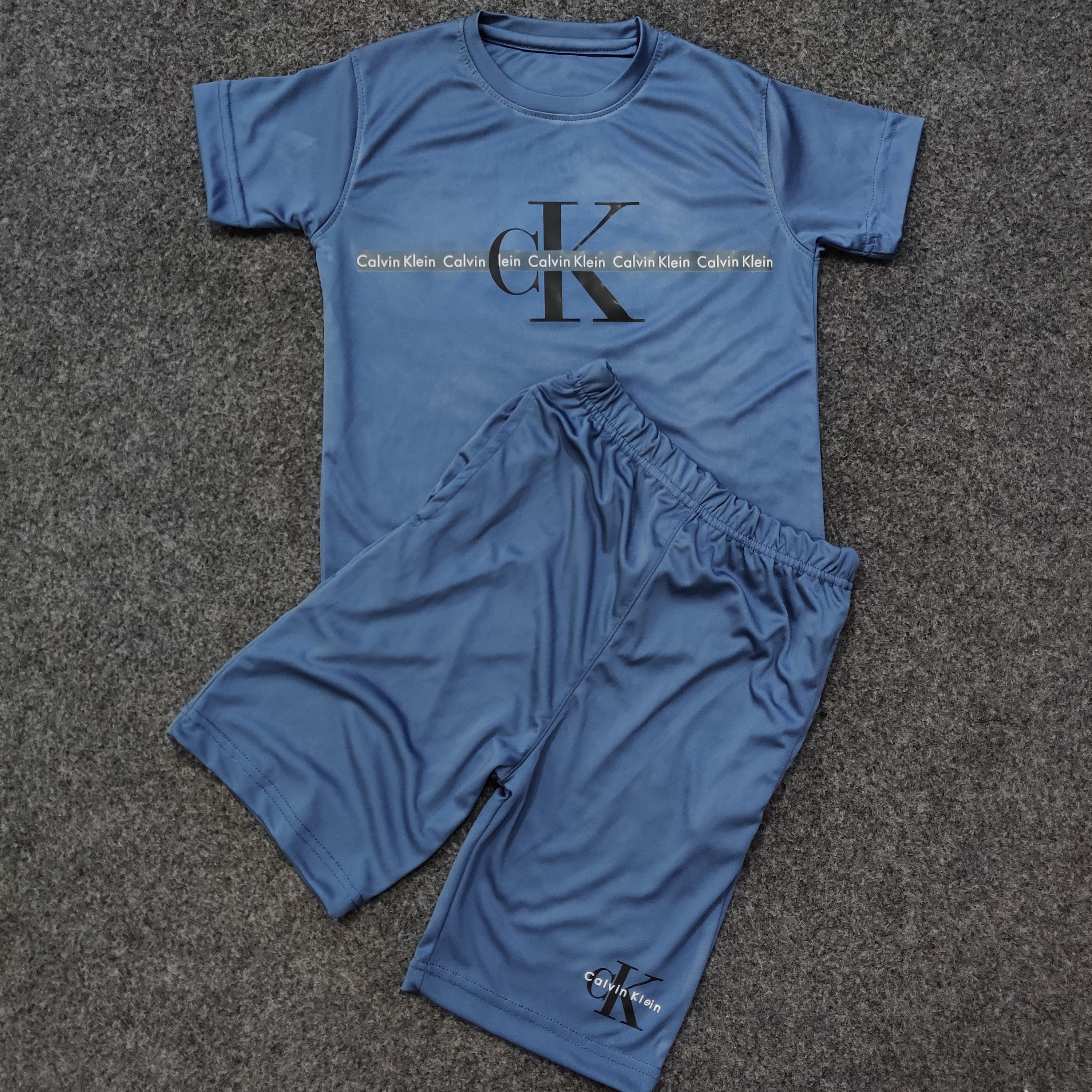 C-K Stripped Logo Boys Short Tee Set - Blue - Brand Store