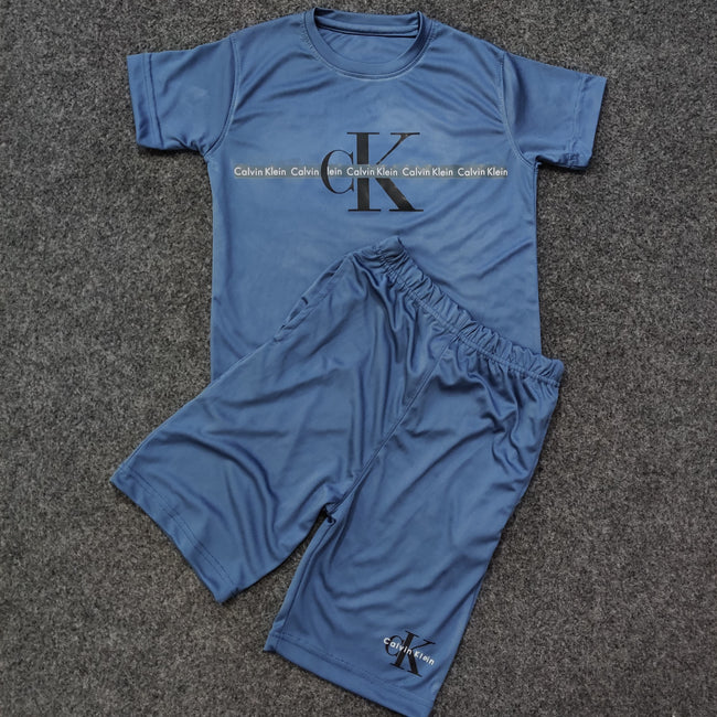 C-K Stripped Logo Boys Short Tee Set - Blue - Brand Store