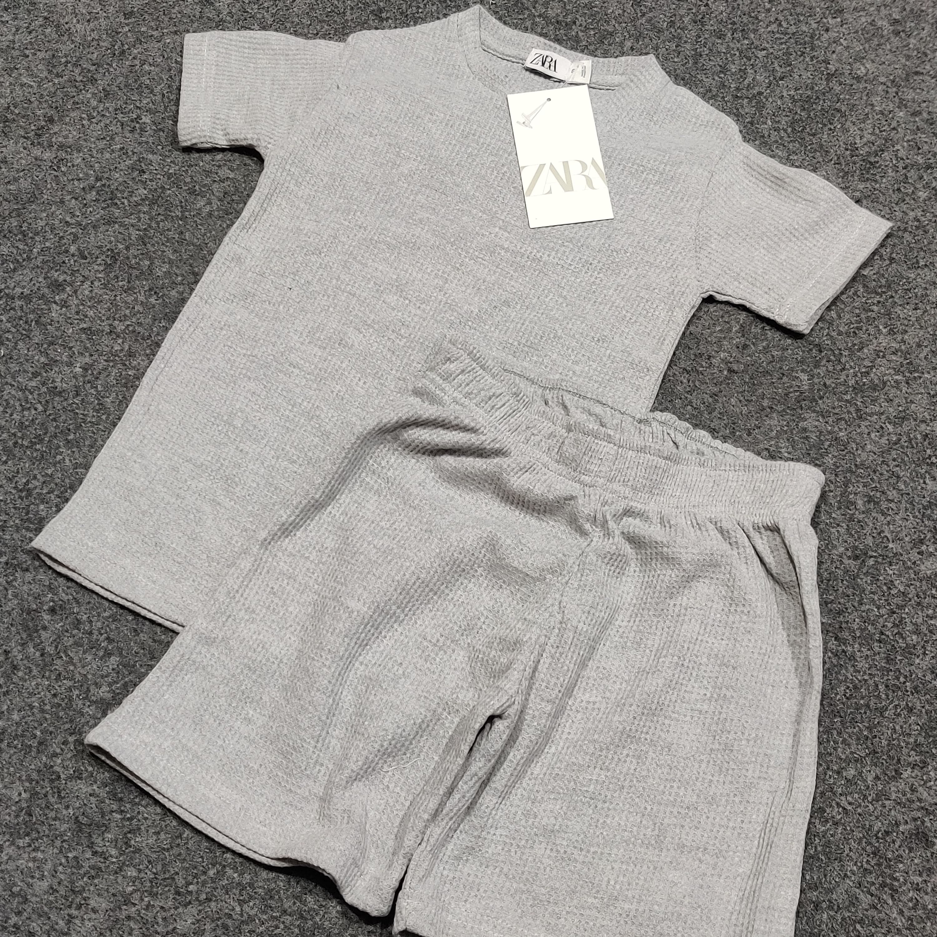 Zara Kids Waffle Knit Shorts-Tee Set - Heather Gray - Brand Store