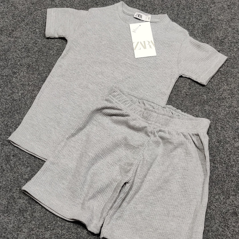 Zara Kids Waffle Knit Shorts-Tee Set - Heather Gray - Brand Store
