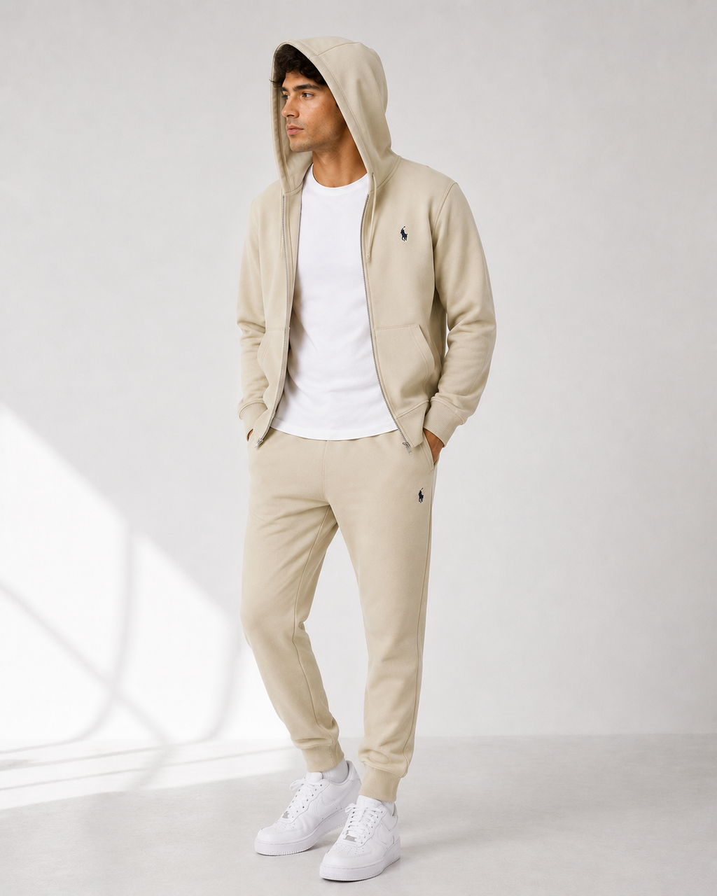 Polo Zipper Hood Tracksuit - Beige