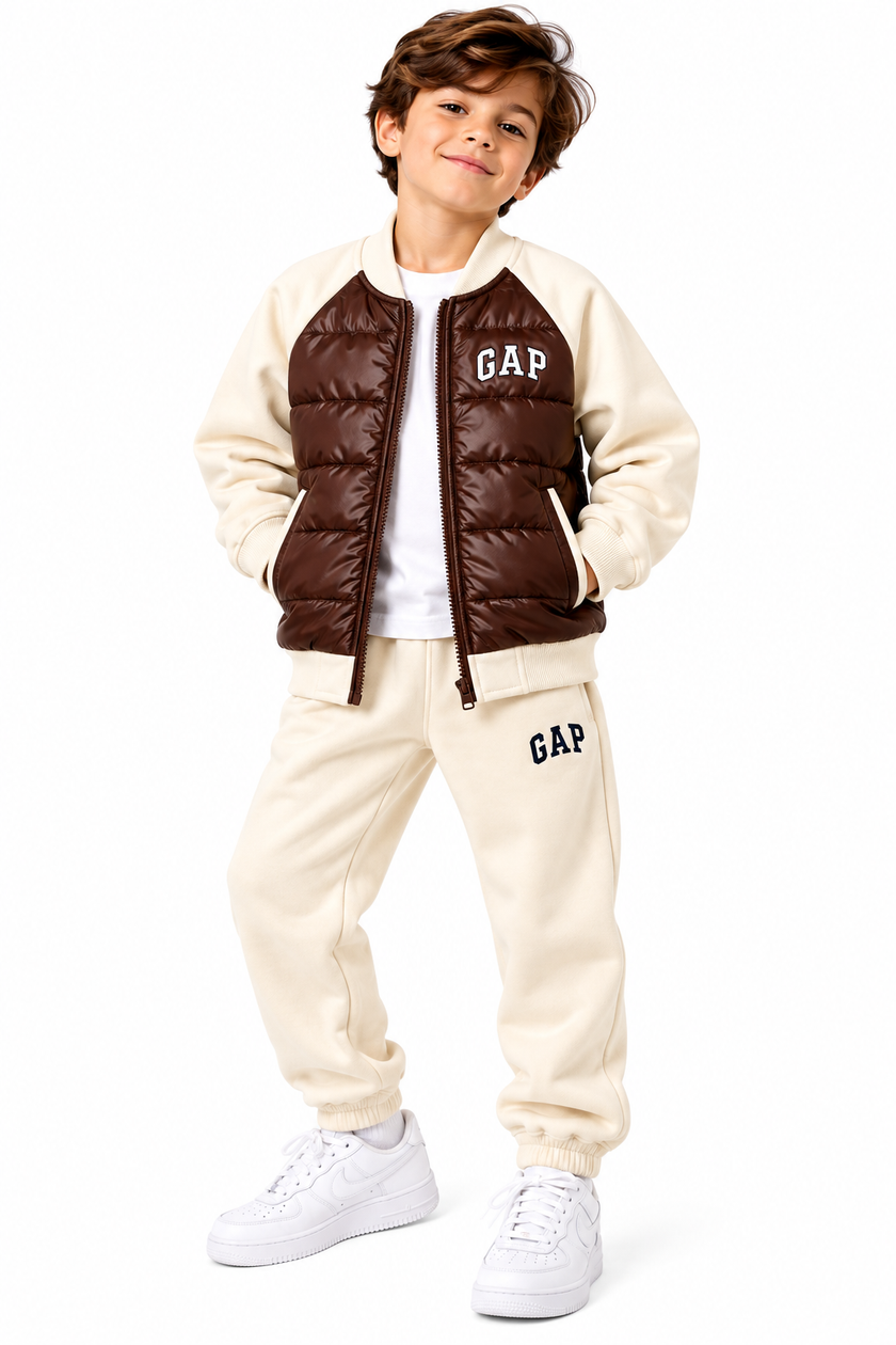 GAP Kids Hybrid Puffer Tracksuit Set – Brown/Biege