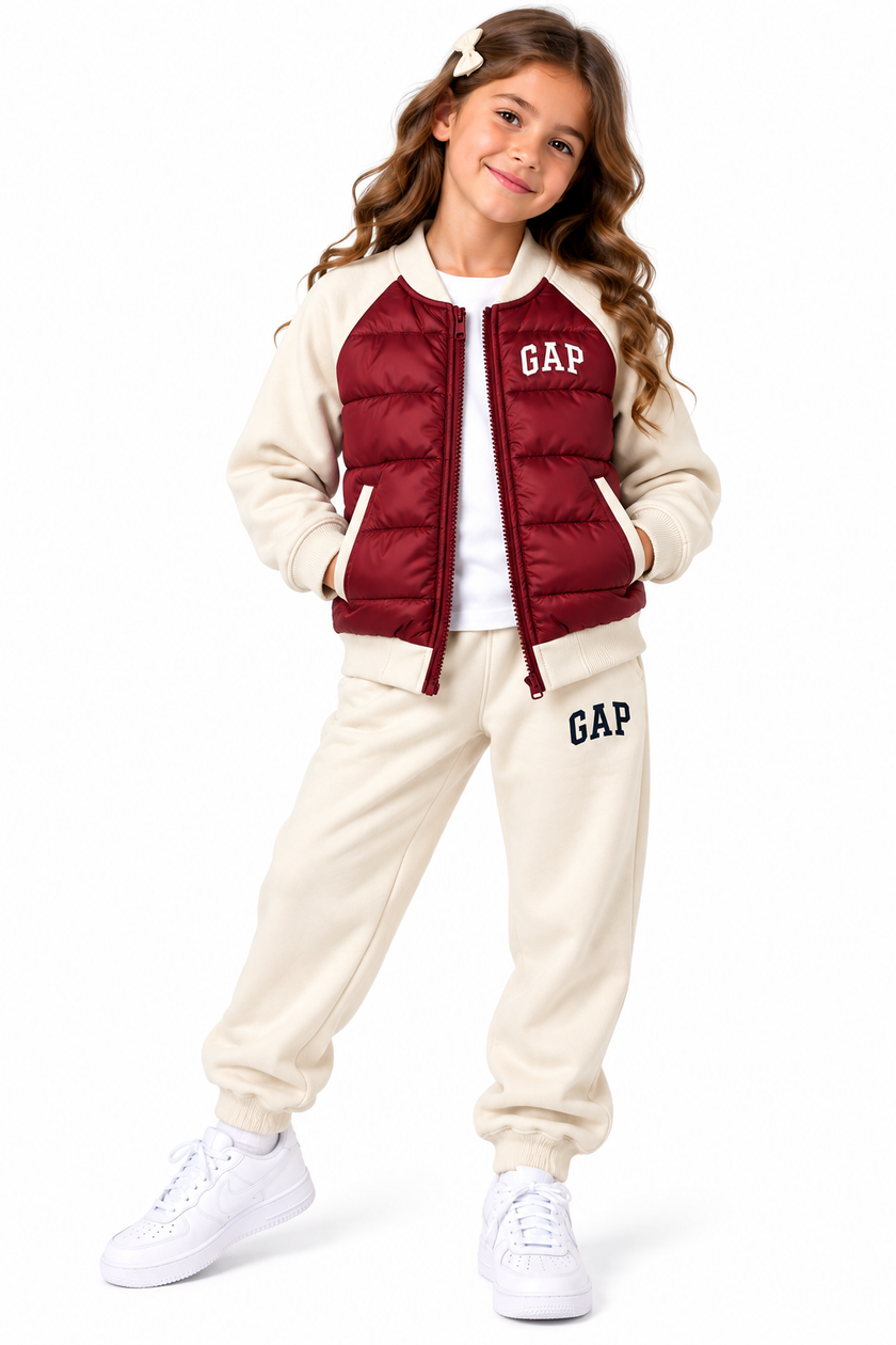 GAP Kids Hybrid Puffer Tracksuit Set – Burgendy/Biege