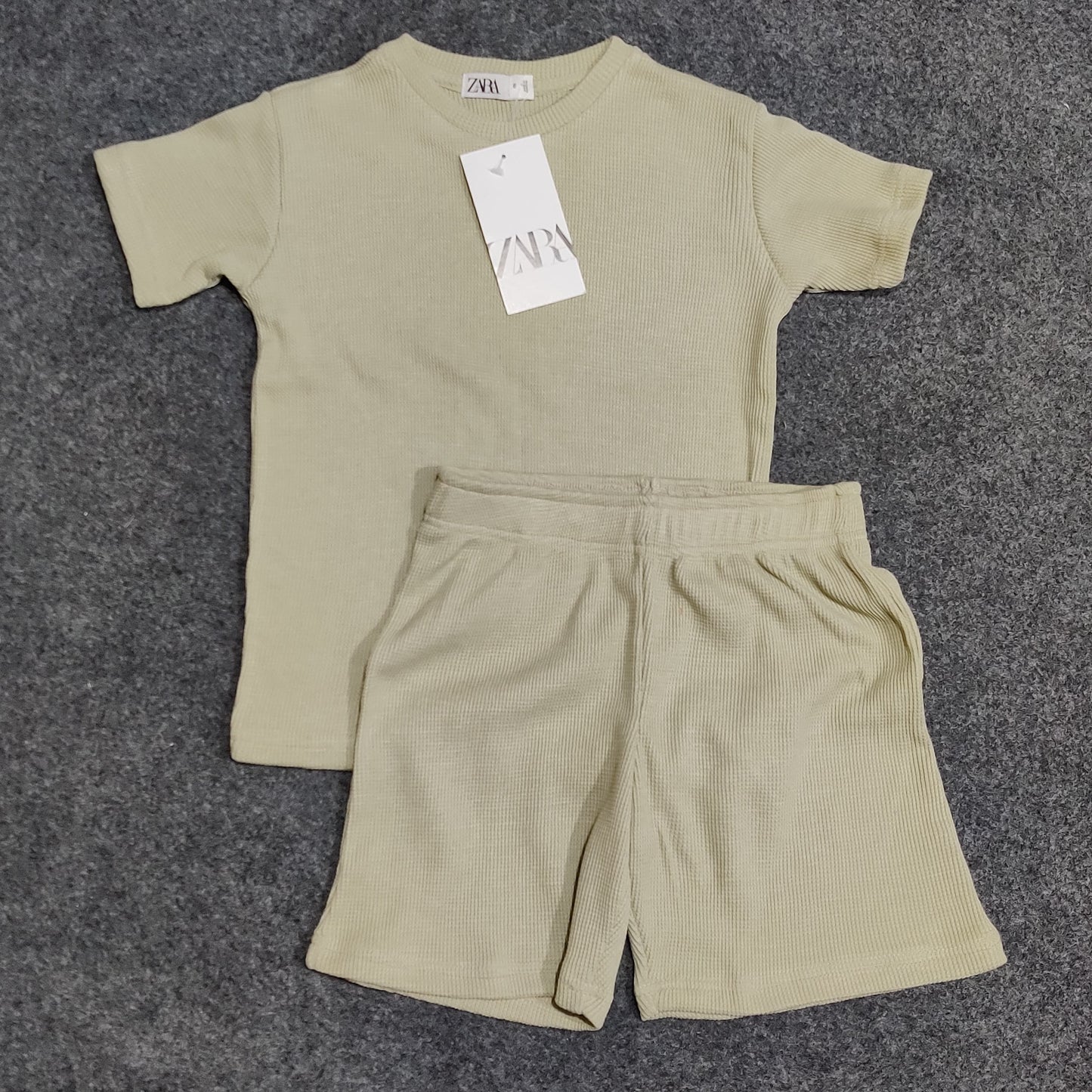 Zara Kids Waffle Knit Shorts-Tee Set - Pistachio Green