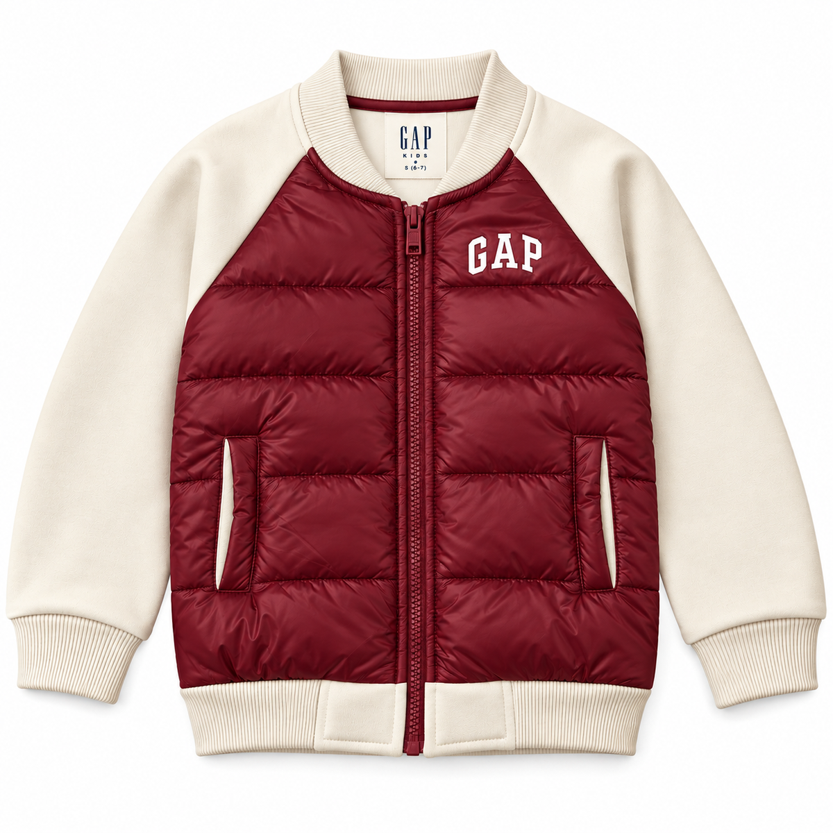Gap Kids Hybrid Puffer Bomber Jacket - Cream/Burgendy