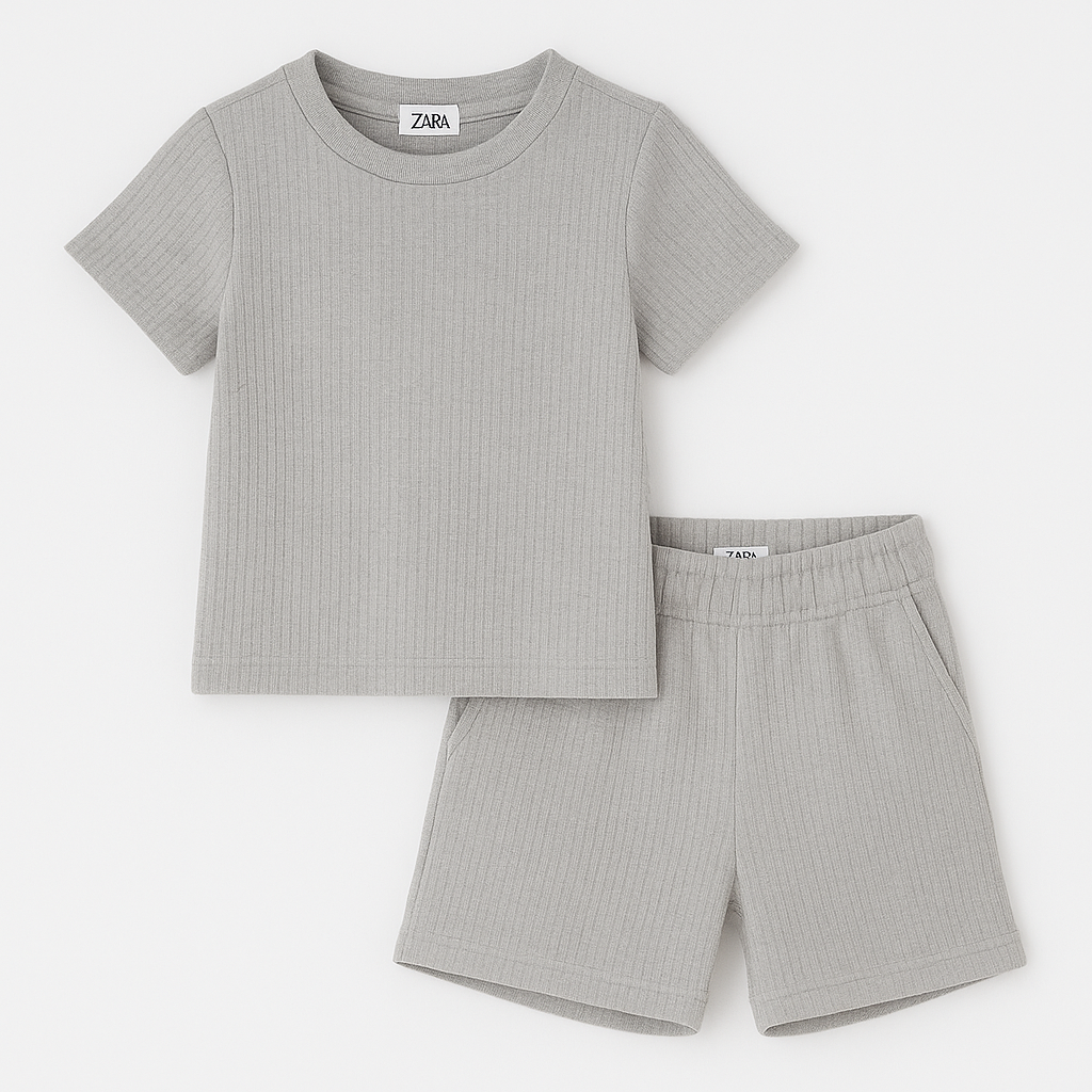 Zara Kids Waffle Knit Shorts-Tee Set - Heather Gray