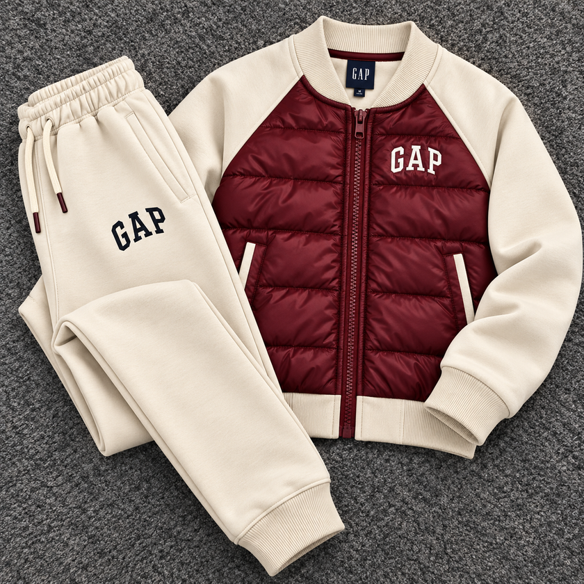 GAP Kids Hybrid Puffer Tracksuit Set – Burgendy/Biege