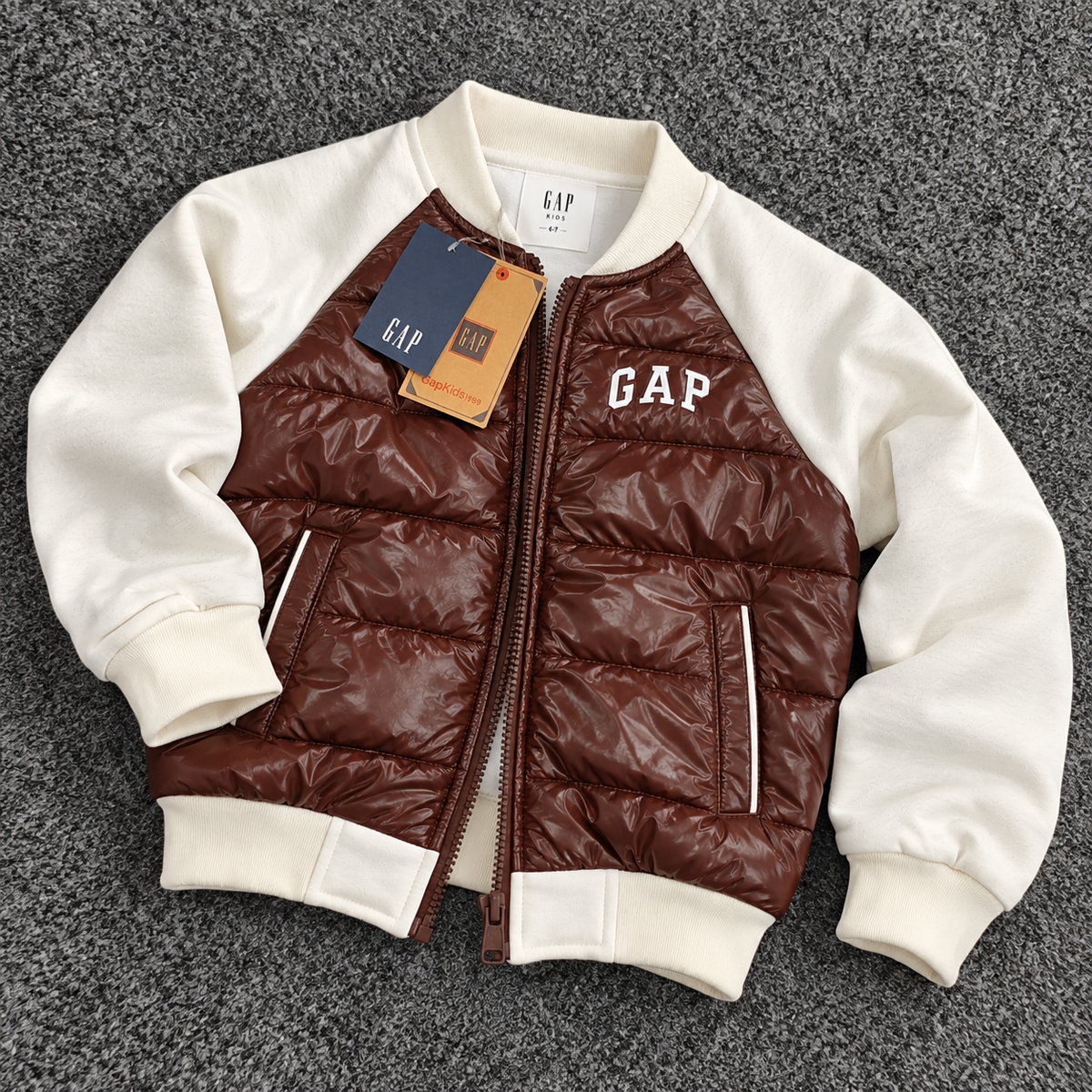 GAP Kids Hybrid Puffer Bomber Jacket - Brown/Cream
