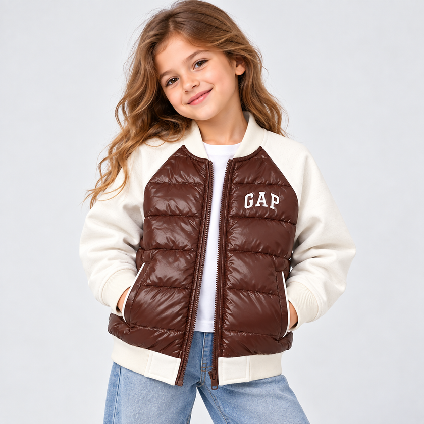 GAP Kids Hybrid Puffer Bomber Jacket - Brown/Cream