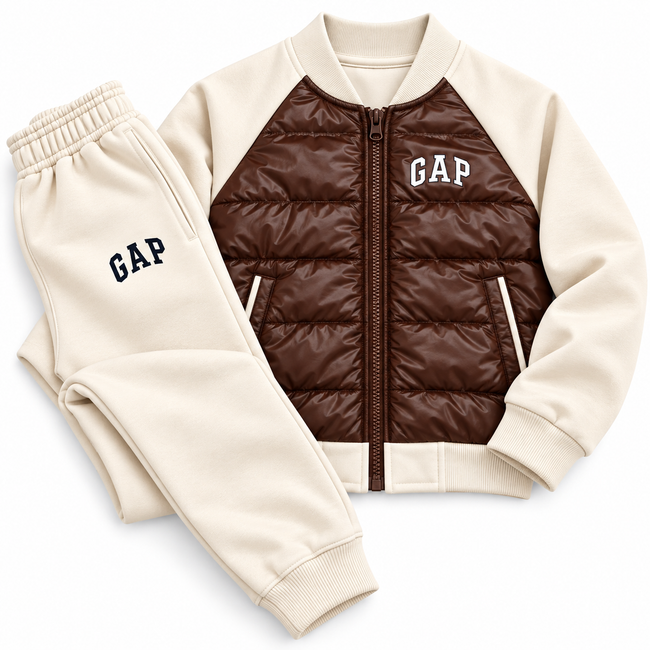 GAP Kids Hybrid Puffer Tracksuit Set – Brown/Biege