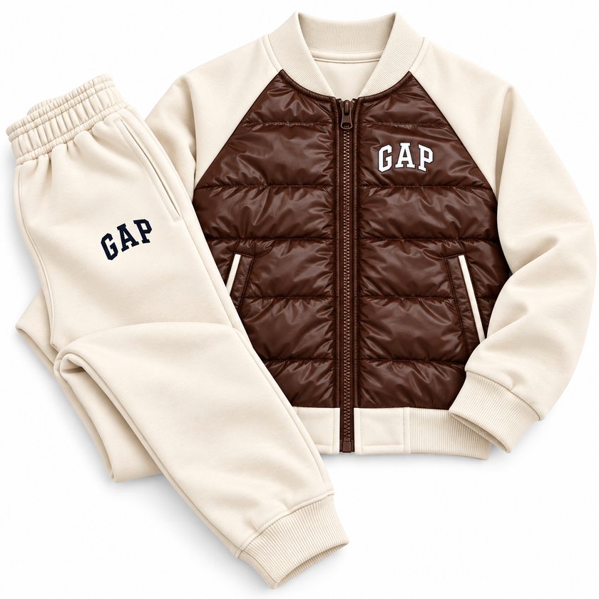 GAP Kids Hybrid Puffer Tracksuit Set – Brown/Biege