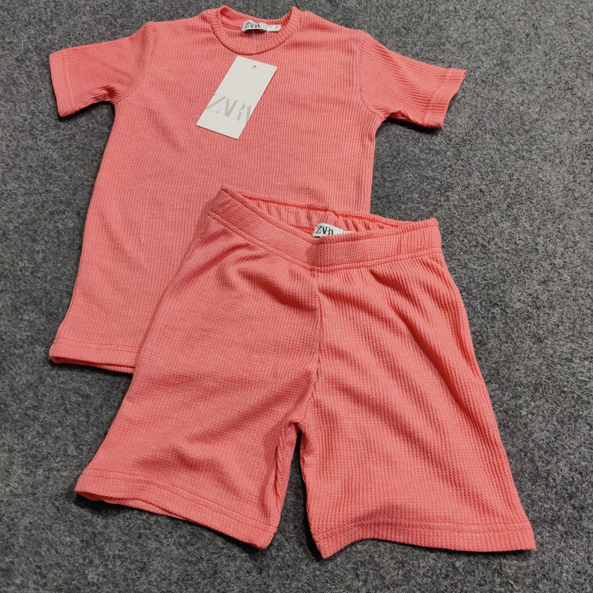Zara Kids Waffle Knit Shorts-Tee Set - Baby Pink - Brand Store