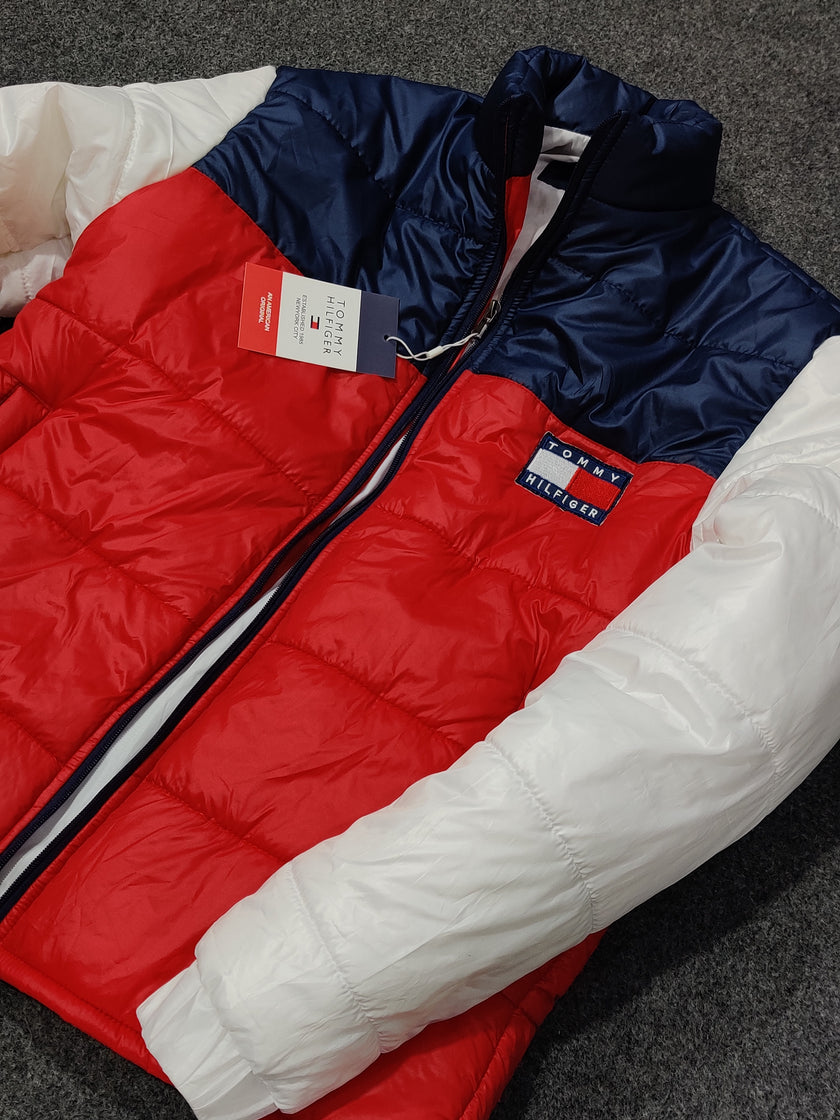 Tommy H Contrast Sleeves Puffer - White, Navy/ Red - Brand Store