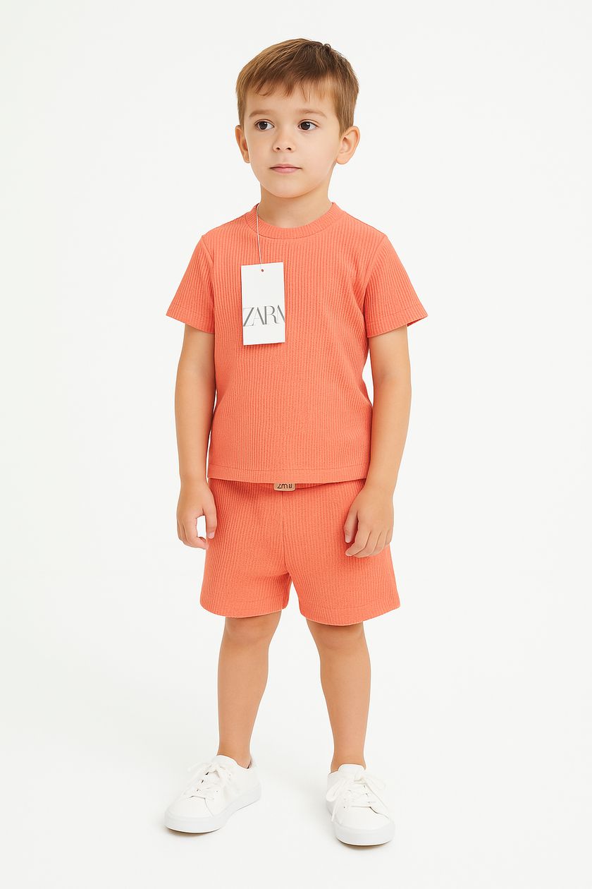 Zara Kids Waffle Knit Shorts-Tee Set - Baby Pink