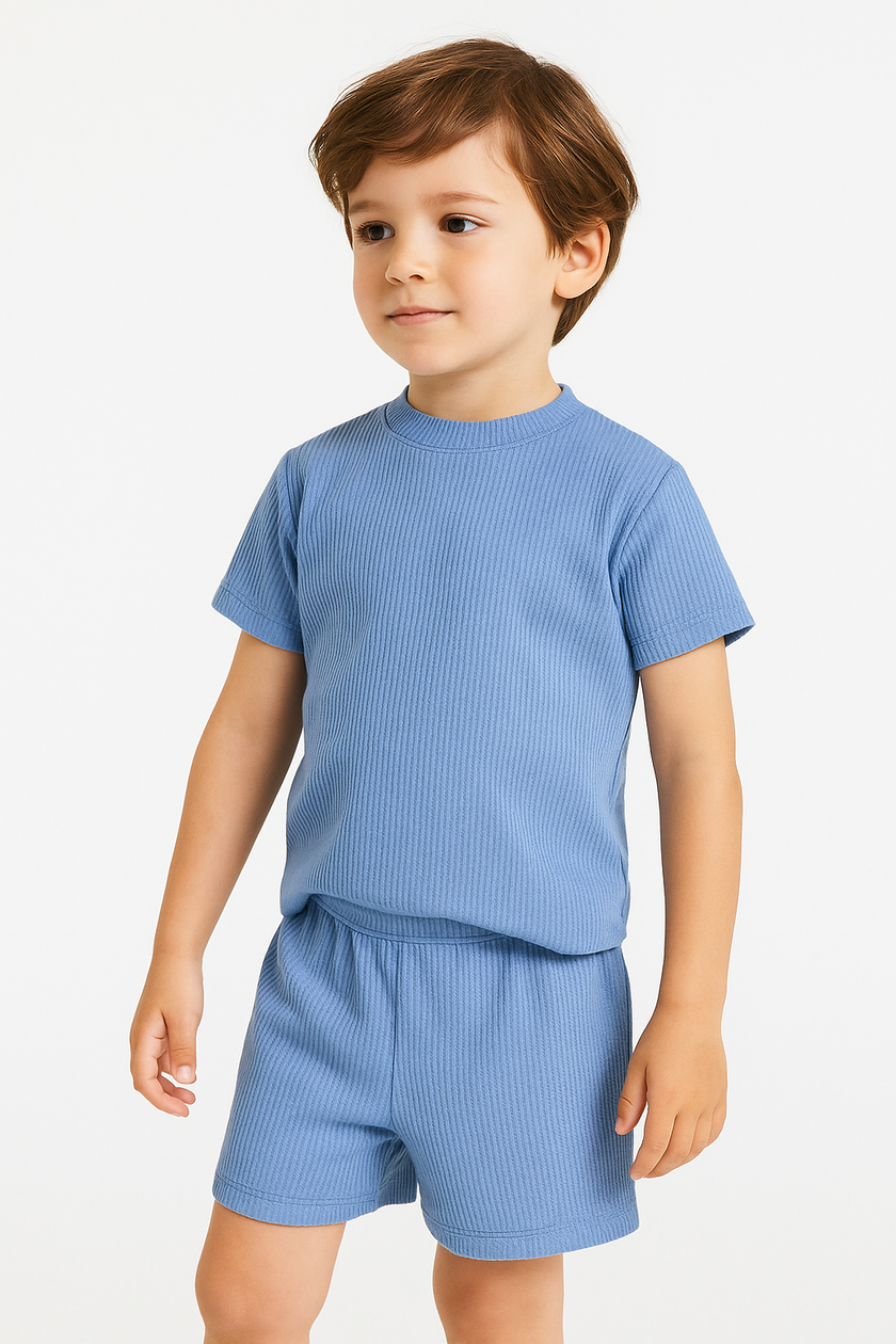 Zara Kids Waffle Knit Shorts-Tee Set - Sky Blue
