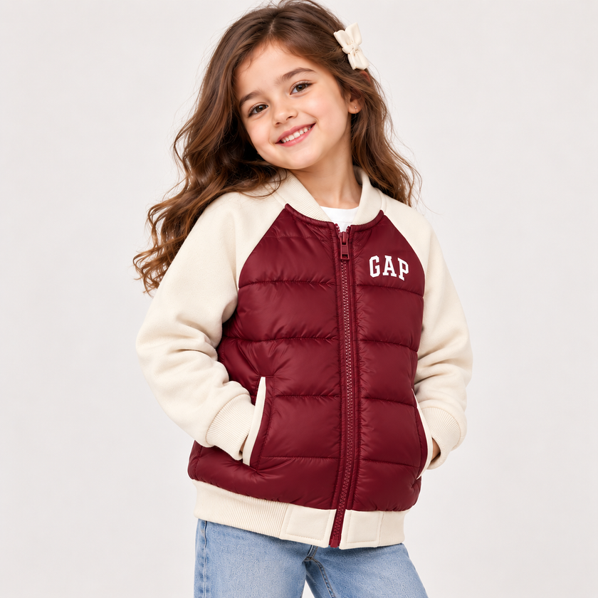 Gap Kids Hybrid Puffer Bomber Jacket - Cream/Burgendy