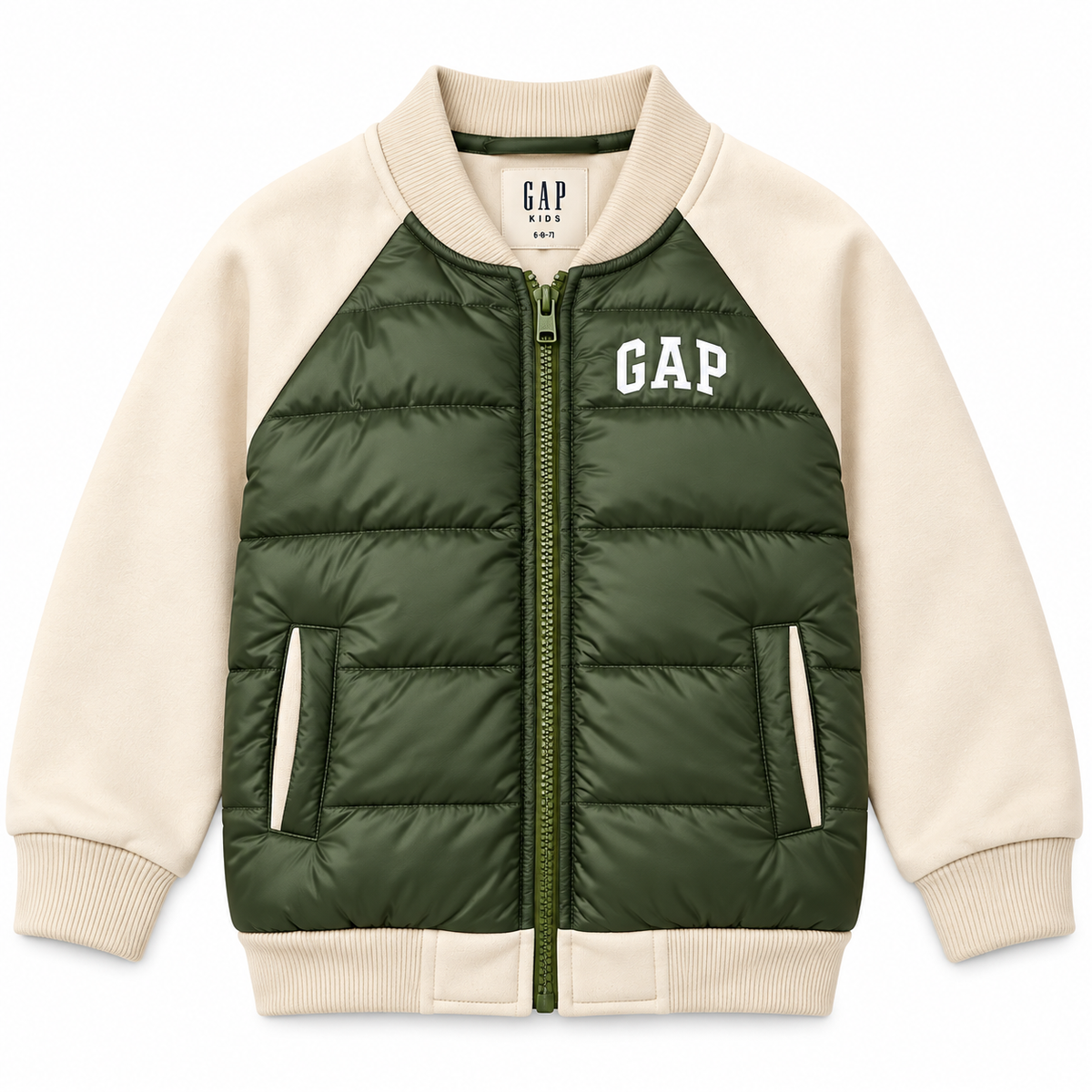 GAP Kids Hybrid Puffer Bomber Jacket - Olive/Cream