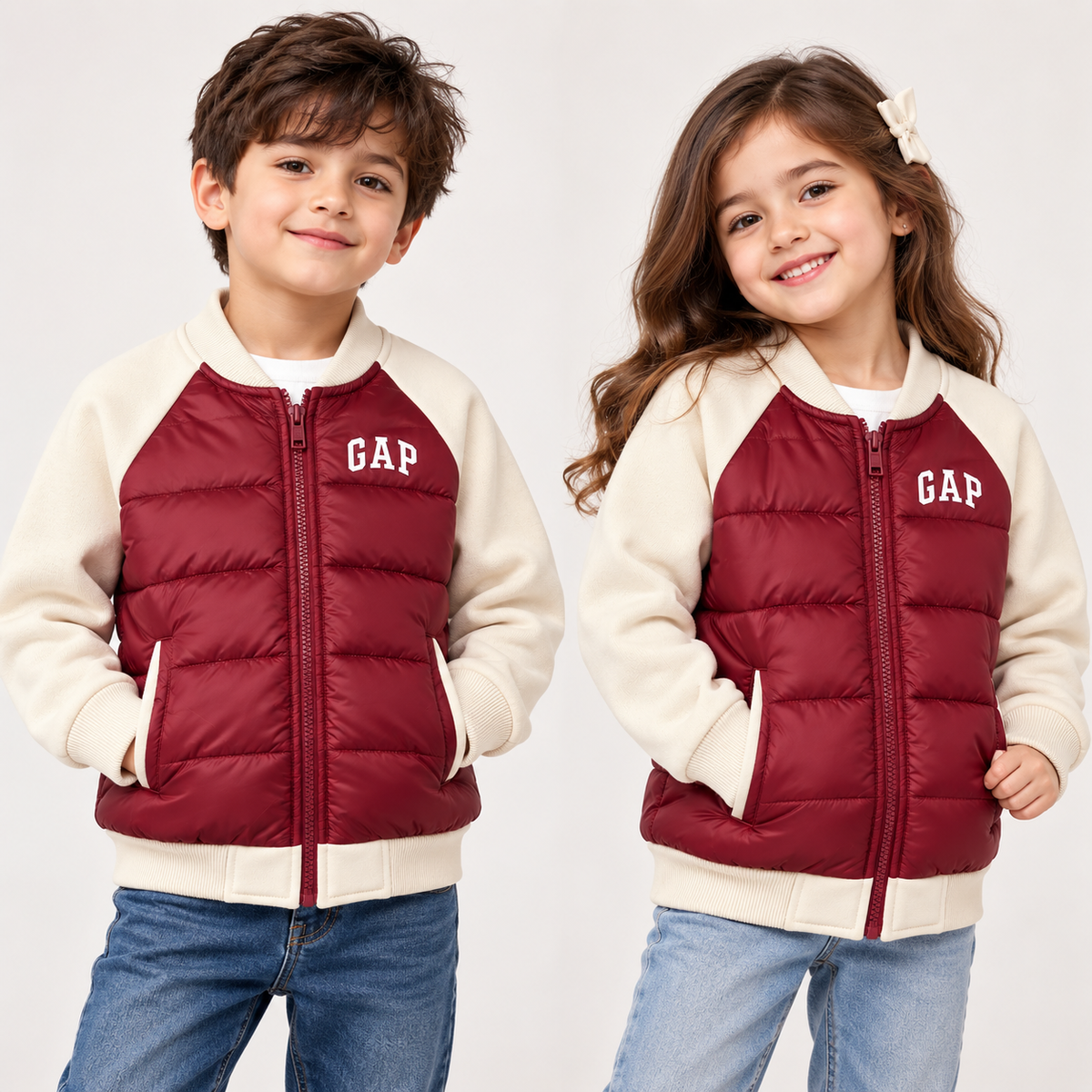 Gap Kids Hybrid Puffer Bomber Jacket - Cream/Burgendy