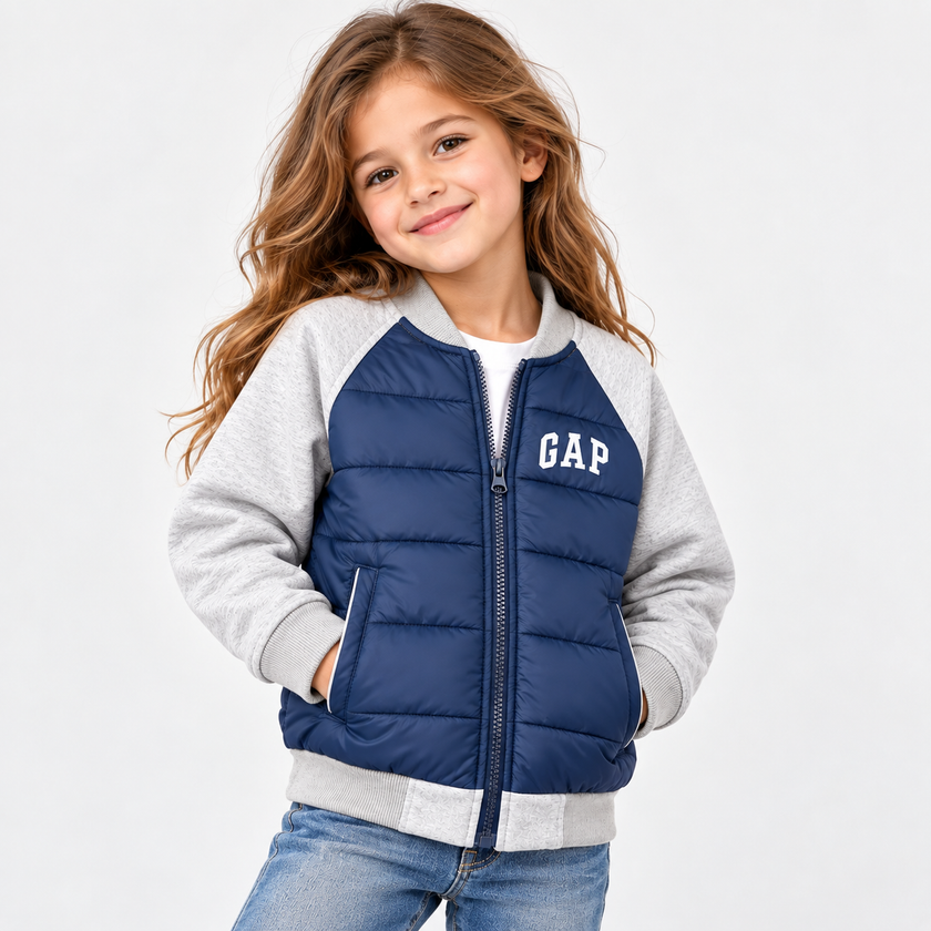 GAP Kids Hybrid Puffer Bomber Jacket - Navy/Gray