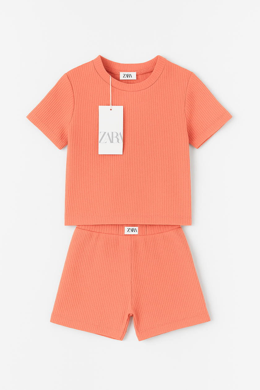 Zara Kids Waffle Knit Shorts-Tee Set - Baby Pink